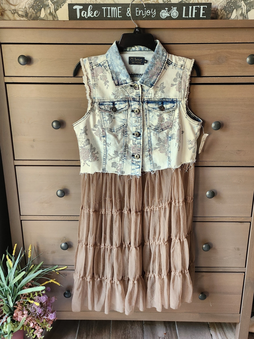Sleeveless Denim Bodice Floral Tiered Tulle Sheer Skirt Duster